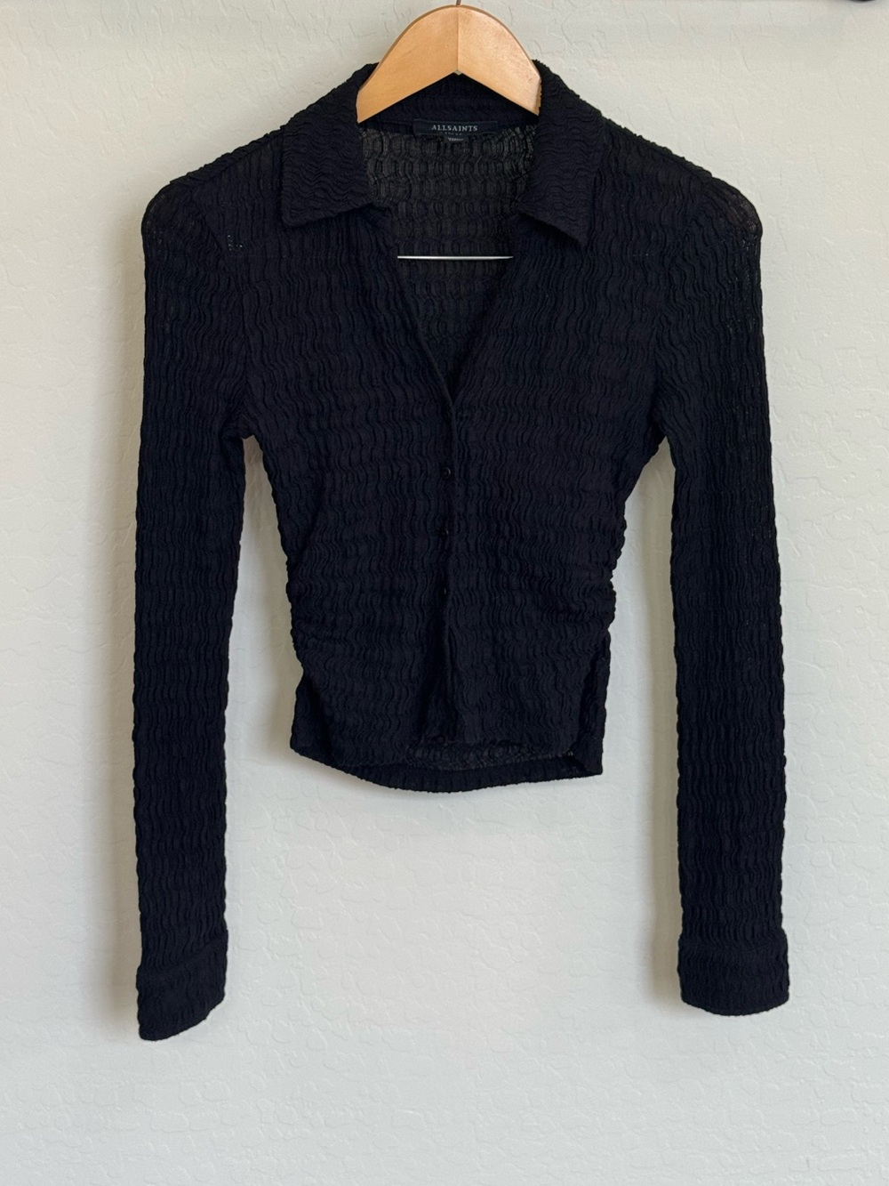 AllSaints Connie Textured Weave Button Up Shirt Black Size US 4 UK 8
